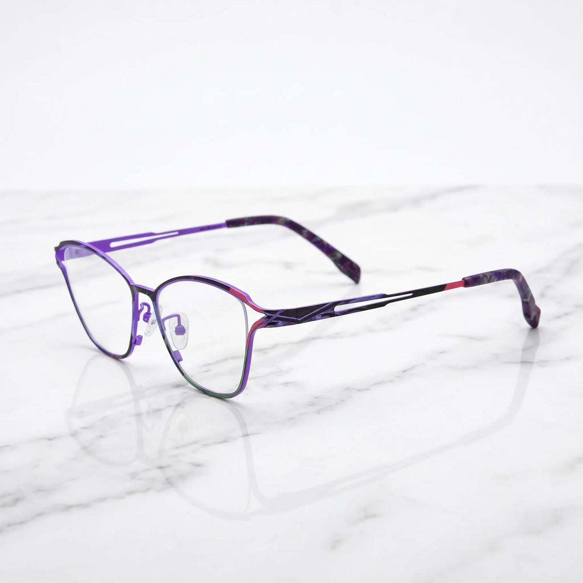 Barledear Violet Noir eyeglasses angled side view showing slim cutout temples and adjustable nose pads