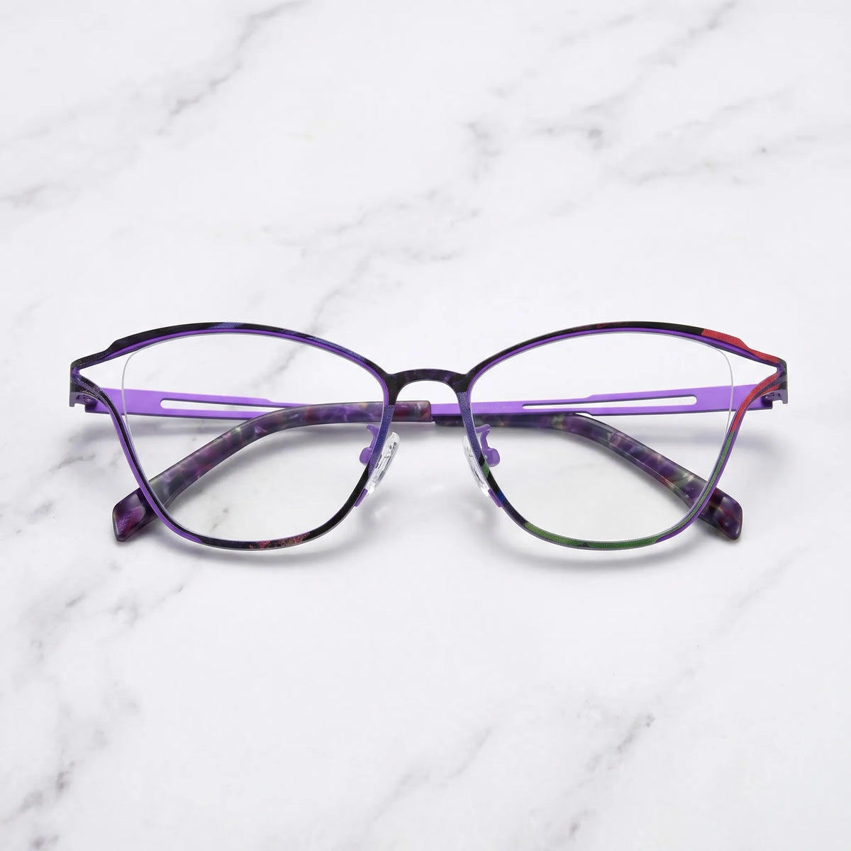 Barledear Violet Noir eyeglasses folded display showing slim titanium frame and patterned temple design