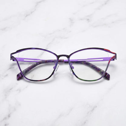 Barledear Violet Noir eyeglasses folded display showing slim titanium frame and patterned temple design