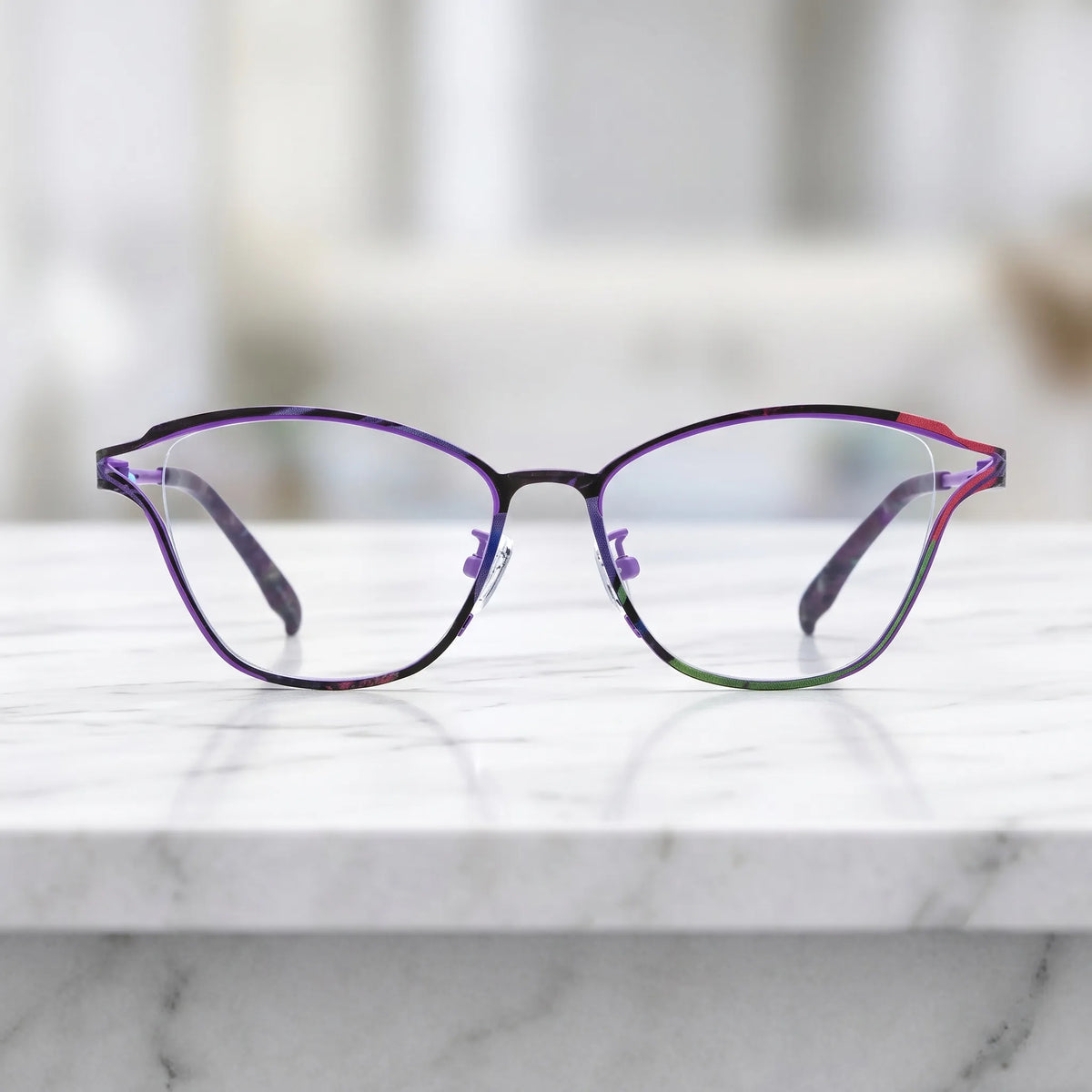 Barledear Violet Noir eyeglasses shown in a clean lifestyle front view with purple and dark mosaic frame detail