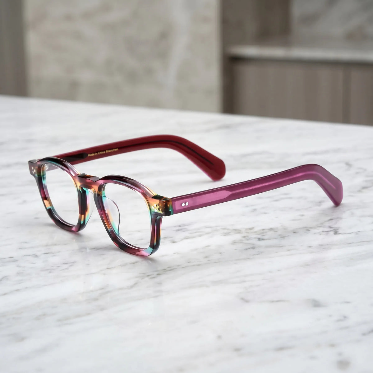Barledear Violet Prism eyeglasses angled side view showing multicolor acetate front and bridge detail