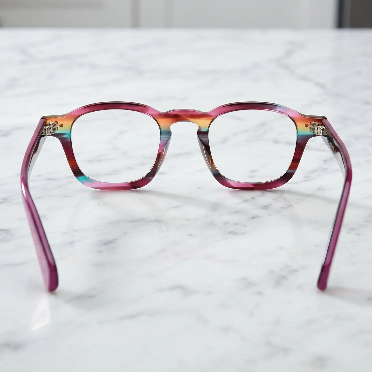 Barledear Violet Prism eyeglasses back view showing integrated nose pads, temple shape, and full-rim frame structure
