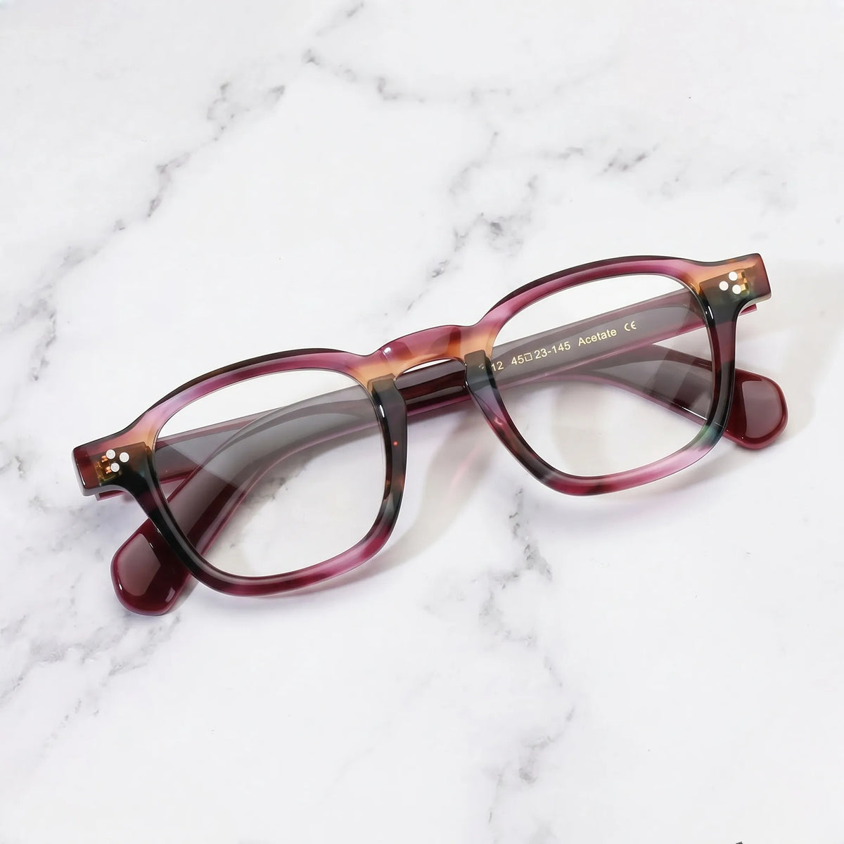 Barledear Violet Prism eyeglasses folded display showing full-rim acetate frame and patterned temple design