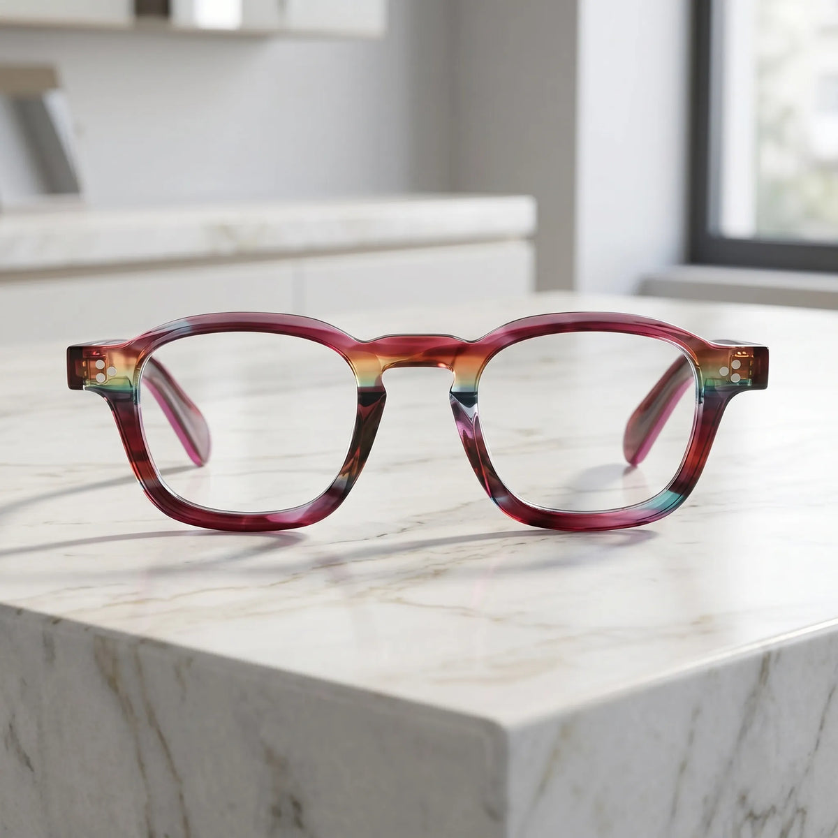 Barledear Violet Prism eyeglasses shown in a clean lifestyle front view with colorful purple acetate styling