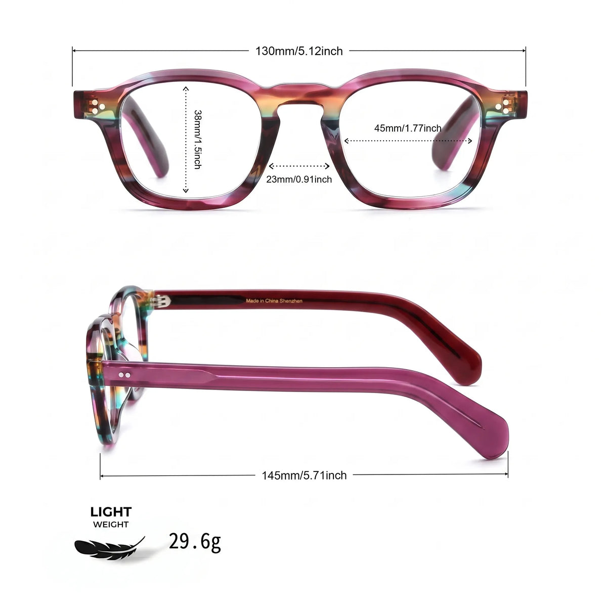 Barledear Violet Prism eyeglasses size chart with 130 mm frame width, 45 mm lens width, 38 mm lens height, 23 mm bridge, 145 mm temple length, and 29.6 g frame weight