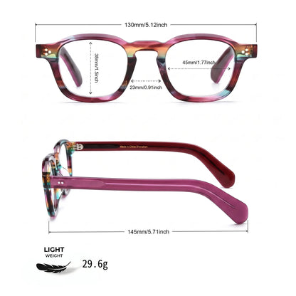 Barledear Violet Prism eyeglasses size chart with 130 mm frame width, 45 mm lens width, 38 mm lens height, 23 mm bridge, 145 mm temple length, and 29.6 g frame weight