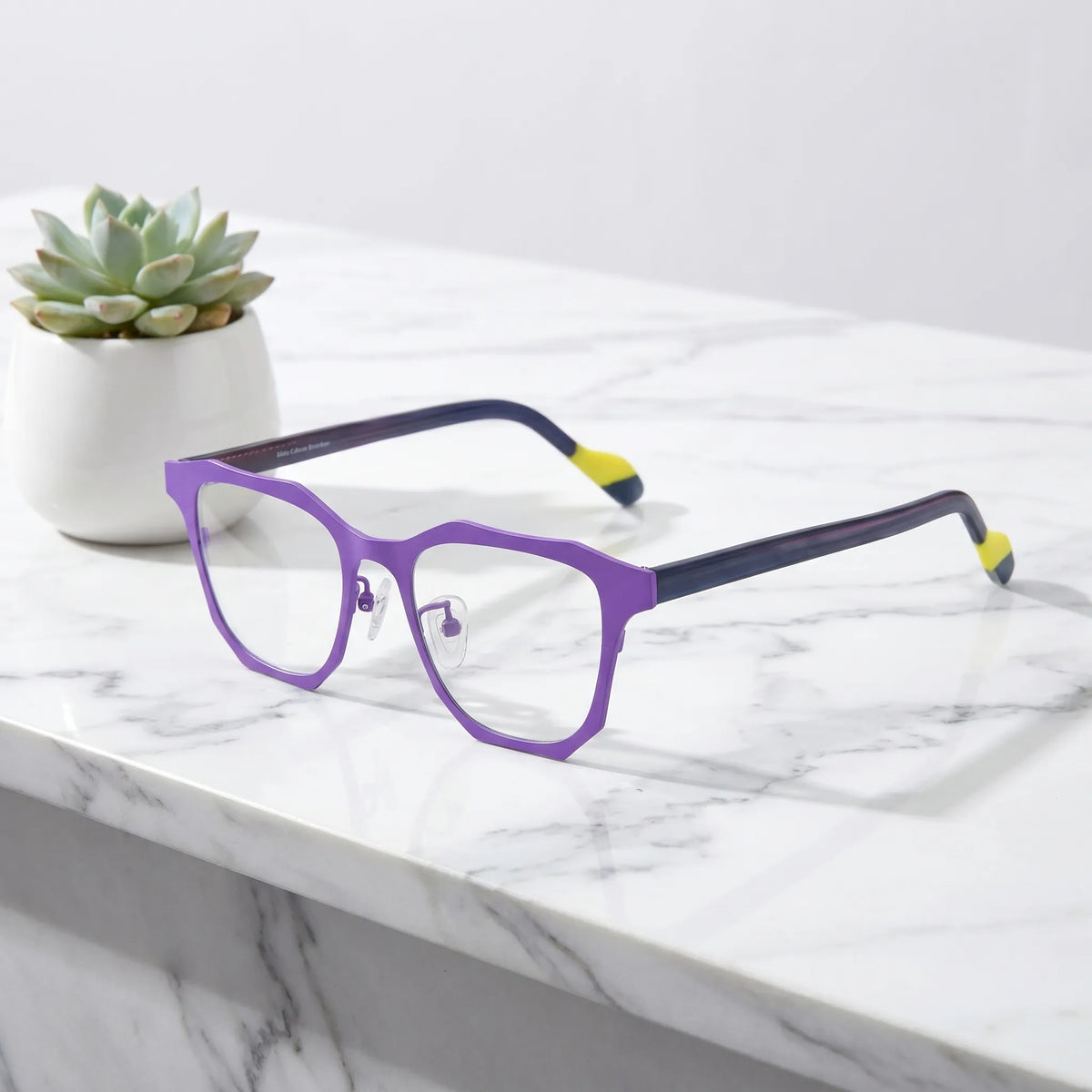 Barledear Violet Shadow eyeglasses angled side view showing slim temples, adjustable nose pads, and full-rim square structure