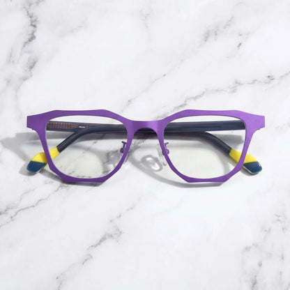 Barledear Violet Shadow eyeglasses folded display showing dark temples, yellow temple tips, and geometric frame styling
