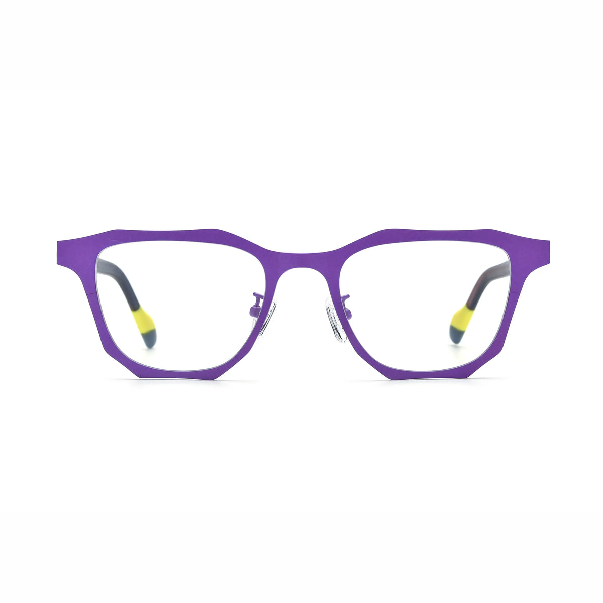 Barledear Violet Shadow eyeglasses front view with purple geometric titanium square frame and dark translucent temples