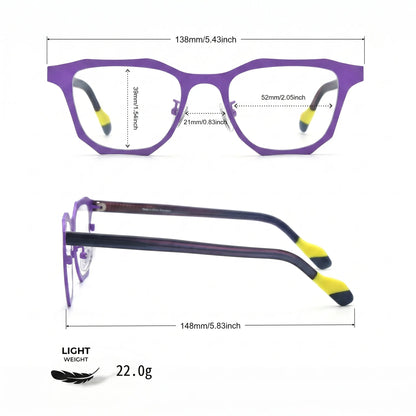 Barledear Violet Shadow eyeglasses size chart with 138mm frame width, 52mm lens width, 21mm bridge, and 148mm temple length
