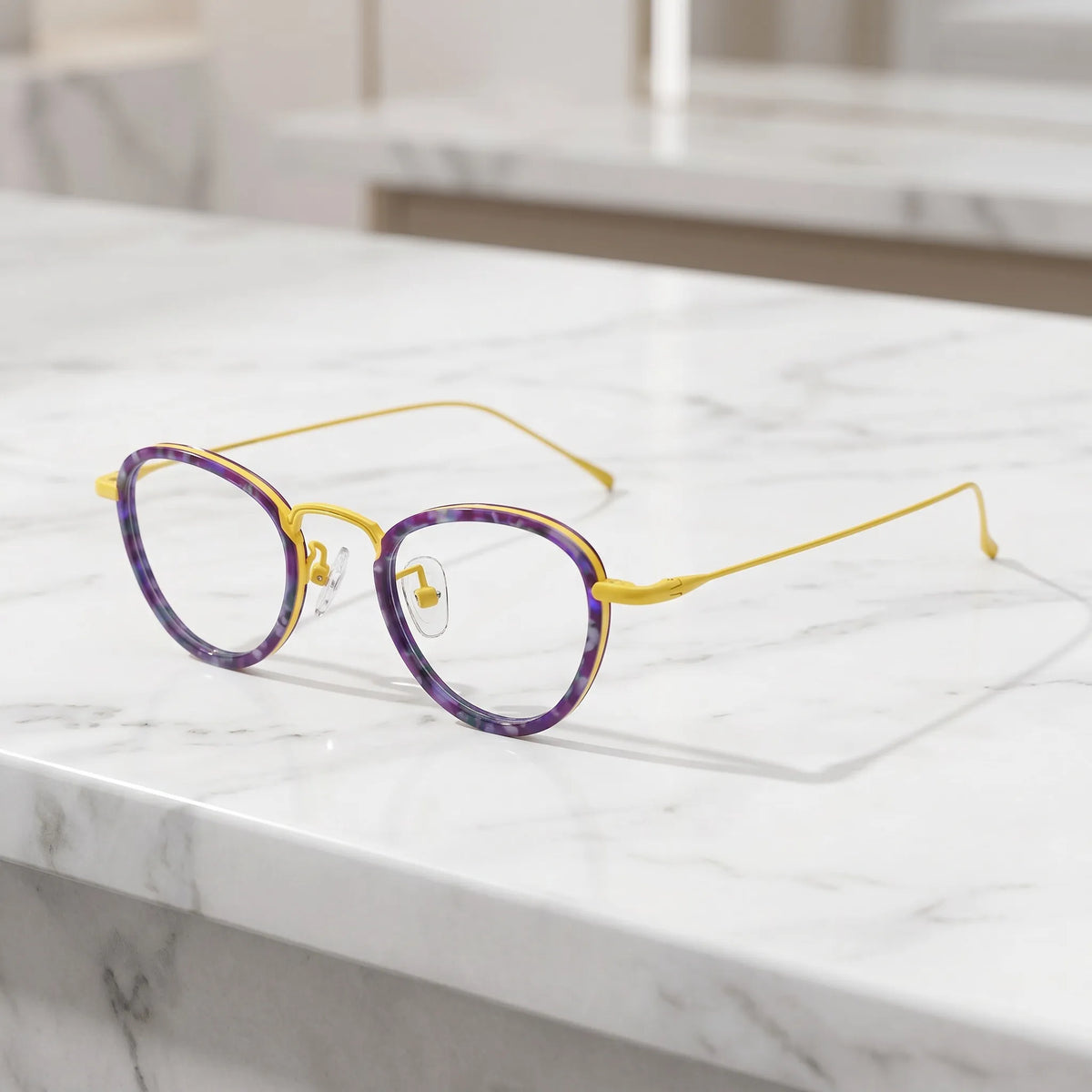 Barledear Violet Sunshine eyeglasses angled side view showing slim temples bridge detail and adjustable nose pads