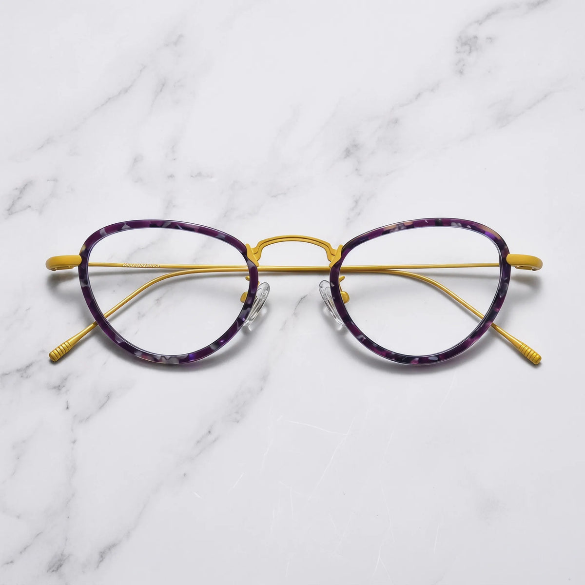 Barledear Violet Sunshine eyeglasses folded display showing patterned acetate front and slim yellow titanium temples