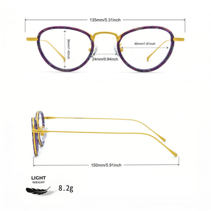 Barledear Violet Sunshine eyeglasses size chart with 135mm frame width 46mm lens width 36mm lens height 24mm bridge 150mm temple and 8.2g lightweight design