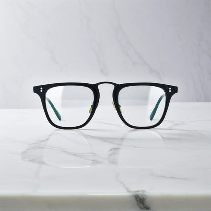 Front-facing shot of VoyueLens VL19214 black acetate square eyeglasses featuring sleek polished finish and bold frame.