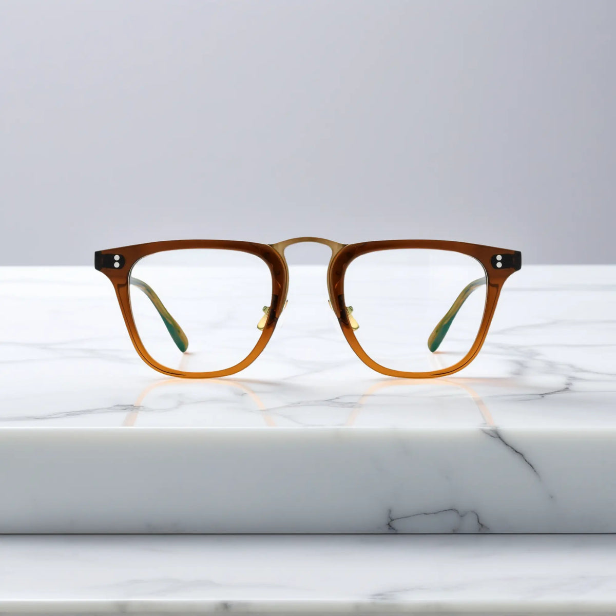 Front-facing view of VoyueLens VL19214 brown acetate square eyeglasses showcasing polished frame details and bold silhouette.