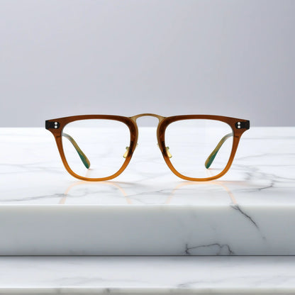 Front-facing view of VoyueLens VL19214 brown acetate square eyeglasses showcasing polished frame details and bold silhouette.