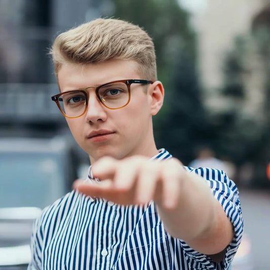 VoyueLens VL19214 brown acetate square glasses fashion styled in daily professional setting, emphasizing lightweight comfort.