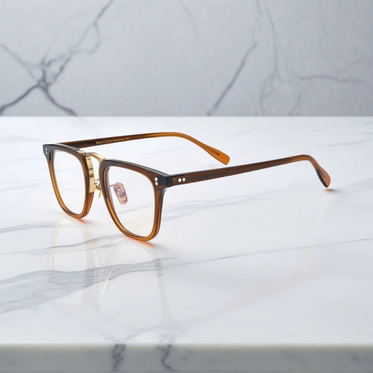 Side profile of VoyueLens VL19214 brown square eyeglasses highlighting slim temples and embedded metal hinge construction.