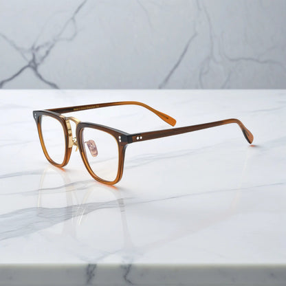 Side profile of VoyueLens VL19214 brown square eyeglasses highlighting slim temples and embedded metal hinge construction.