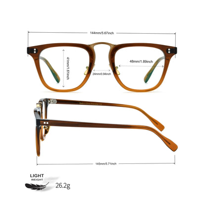 Dimensional guide of VoyueLens VL19214 brown square acetate eyeglasses with frame, lens, and bridge measurements.