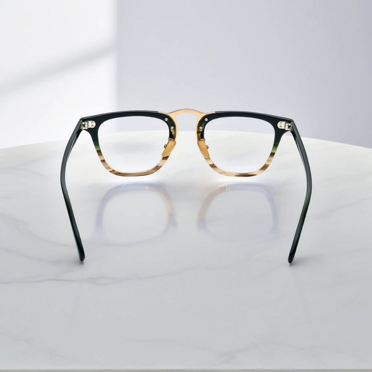 Rear angle of VoyueLens VL19214 gold striped square acetate eyeglasses showcasing ergonomic design and stylish arms.