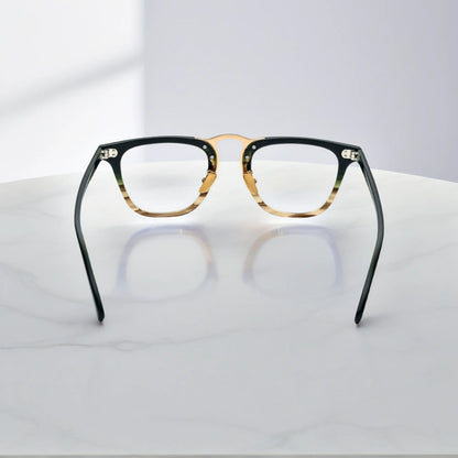 Rear angle of VoyueLens VL19214 gold striped square acetate eyeglasses showcasing ergonomic design and stylish arms.