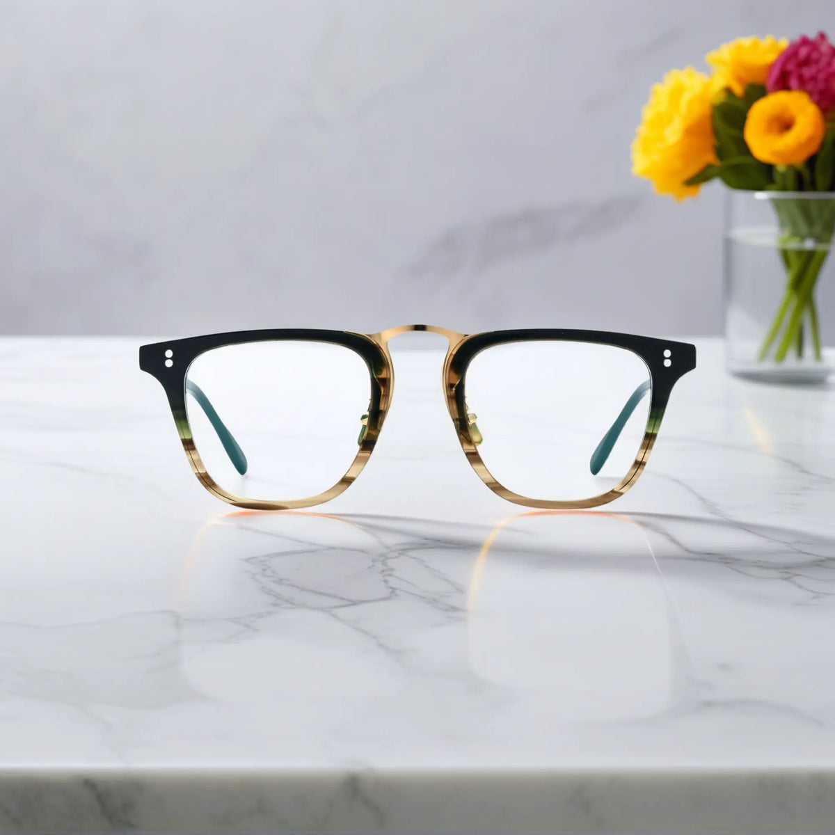 Front view of VoyueLens VL19214 gold striped acetate square eyeglasses with bold design and luxurious striped pattern.