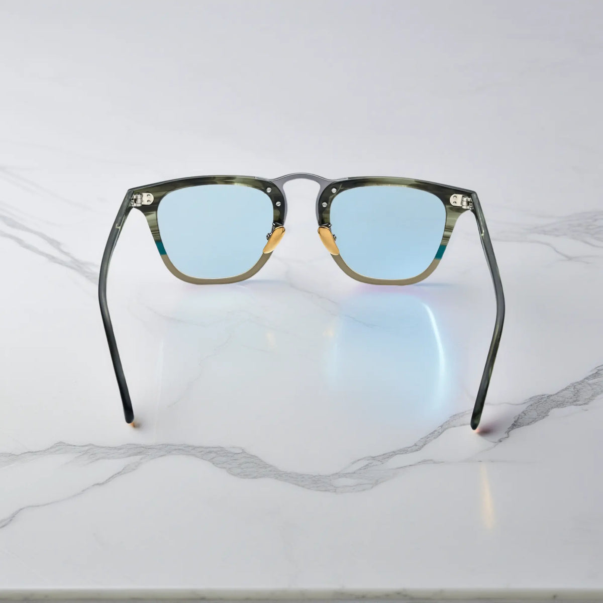 Rear shot of VoyueLens VL19214 olive striped square eyeglasses displaying curved arms and lightweight back view design.