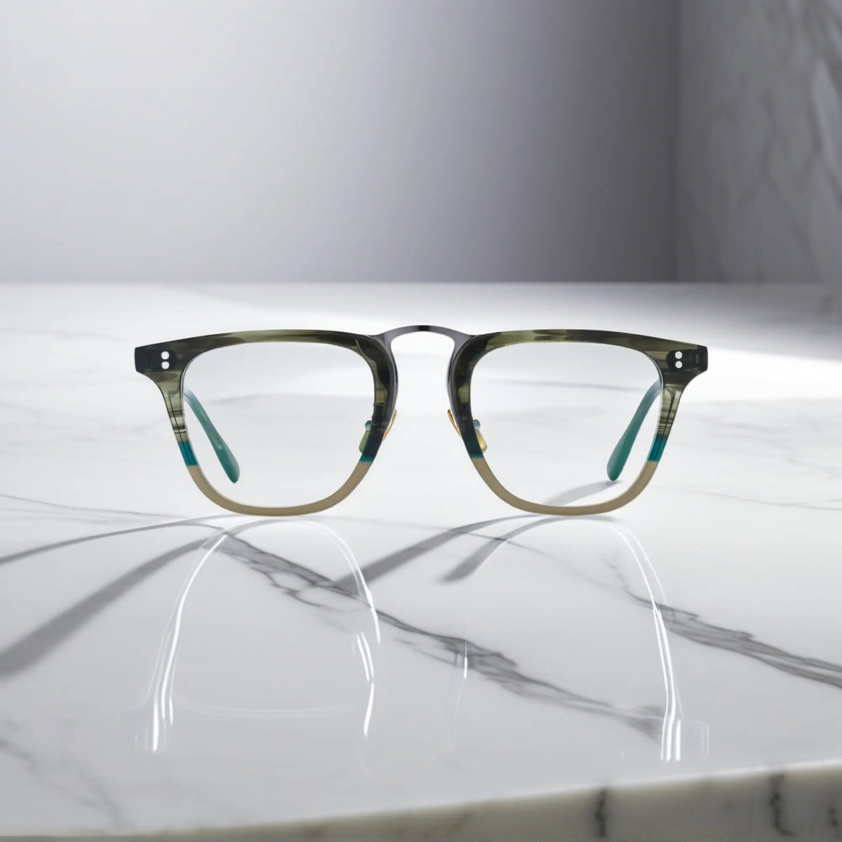 Front perspective of VoyueLens VL19214 olive striped acetate square eyeglasses with earthy tones and structured style.