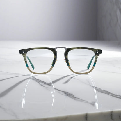 Front perspective of VoyueLens VL19214 olive striped acetate square eyeglasses with earthy tones and structured style.