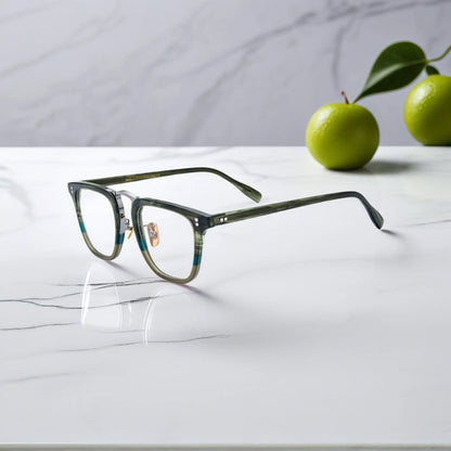Side profile showing VoyueLens VL19214 olive striped square acetate eyeglasses with smooth temples and metal core hinge.