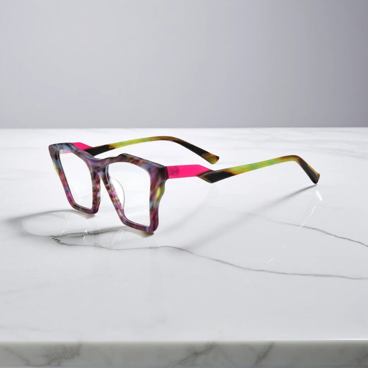 Side profile of VoyueLens Amethyst Bloom glasses, highlighting deep matte violet with lavender gradients and ergonomic acetate arms.