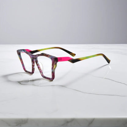 Side profile of VoyueLens Amethyst Bloom glasses, highlighting deep matte violet with lavender gradients and ergonomic acetate arms.