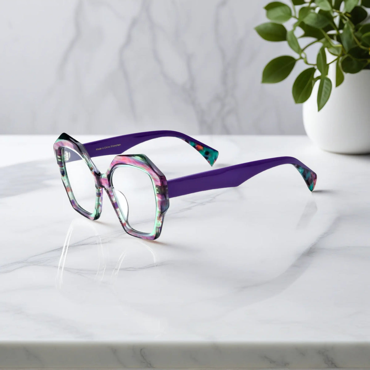Side profile of VoyueLens Amethyst Mist showing vivid purple temples and clear frame lines.