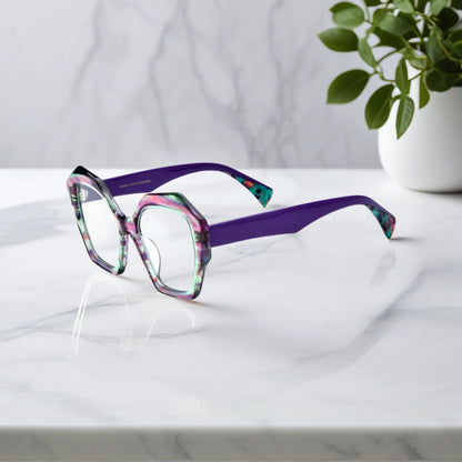 Side profile of VoyueLens Amethyst Mist showing vivid purple temples and clear frame lines.
