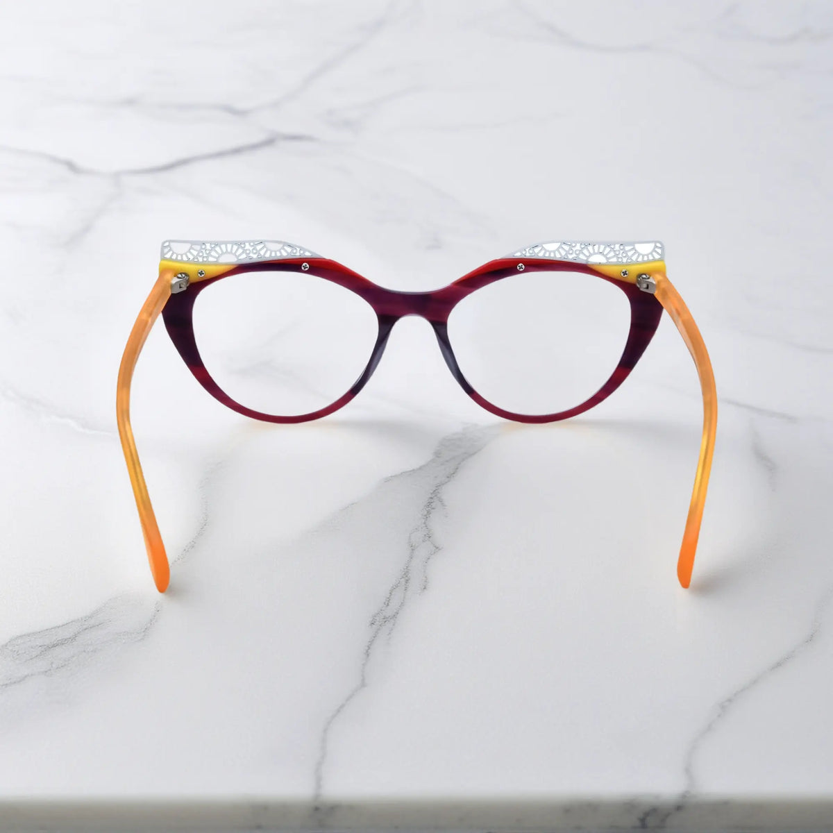 Back View of VoyueLens Amethyst Sunrise cat-eye eyeglasses with purple-to-yellow gradient and signature lace-pattern design.