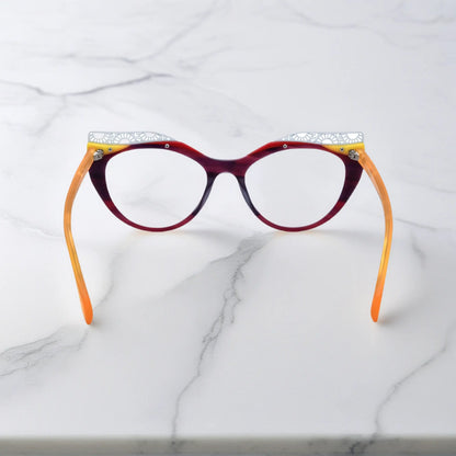 Back View of VoyueLens Amethyst Sunrise cat-eye eyeglasses with purple-to-yellow gradient and signature lace-pattern design.