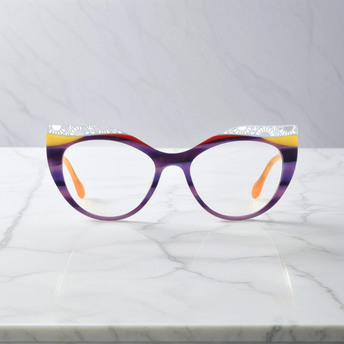 Front View of VoyueLens Amethyst Sunrise cat-eye eyeglasses with purple-to-yellow gradient and signature lace-pattern design.