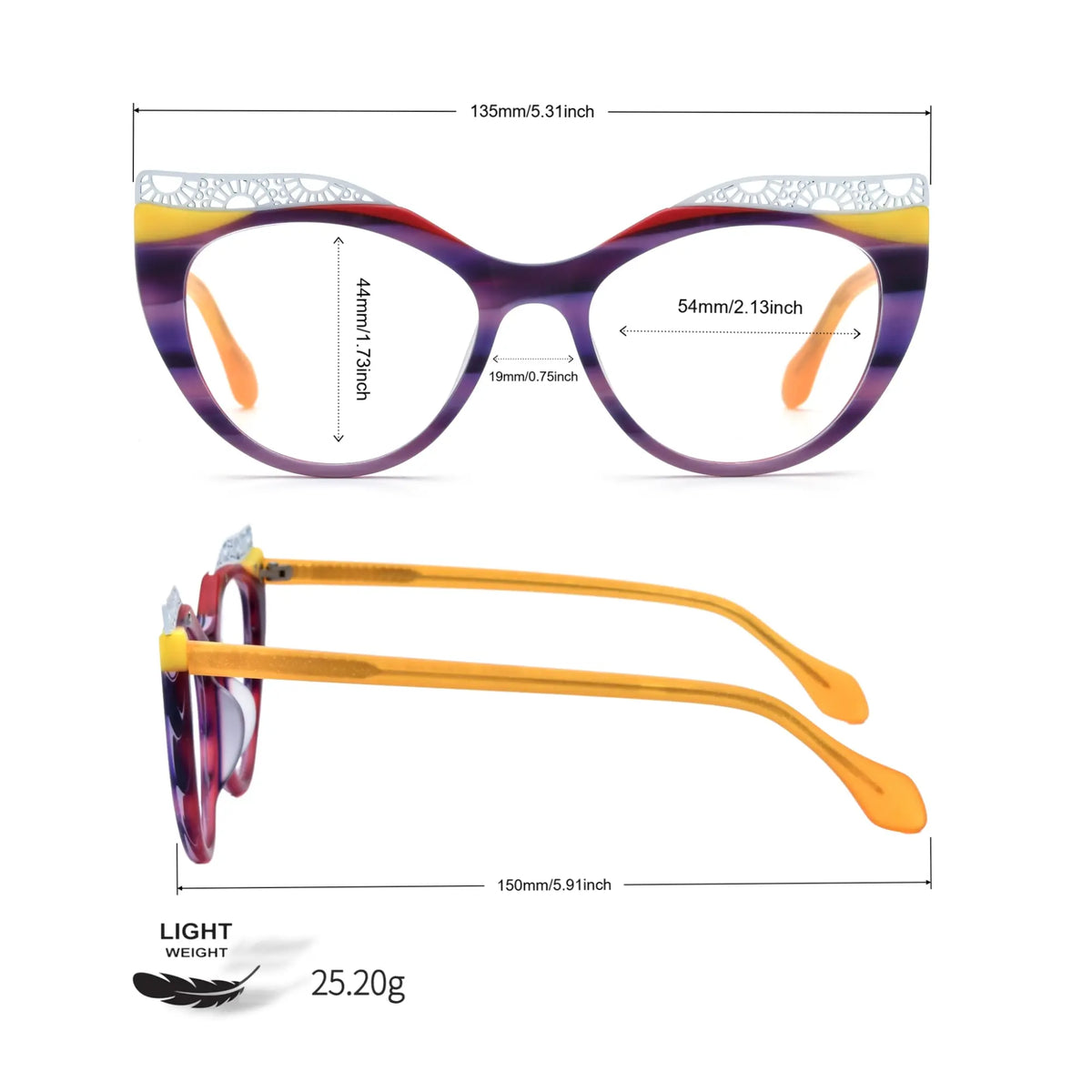 Measurement View of VoyueLens Amethyst Sunrise cat-eye eyeglasses with purple-to-yellow gradient and signature lace-pattern design.