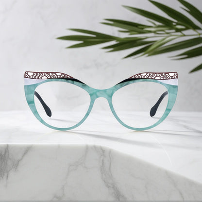 Front View of VoyueLens Aqua Frost cat-eye eyeglasses with blue-green gradient and signature lace-pattern design.