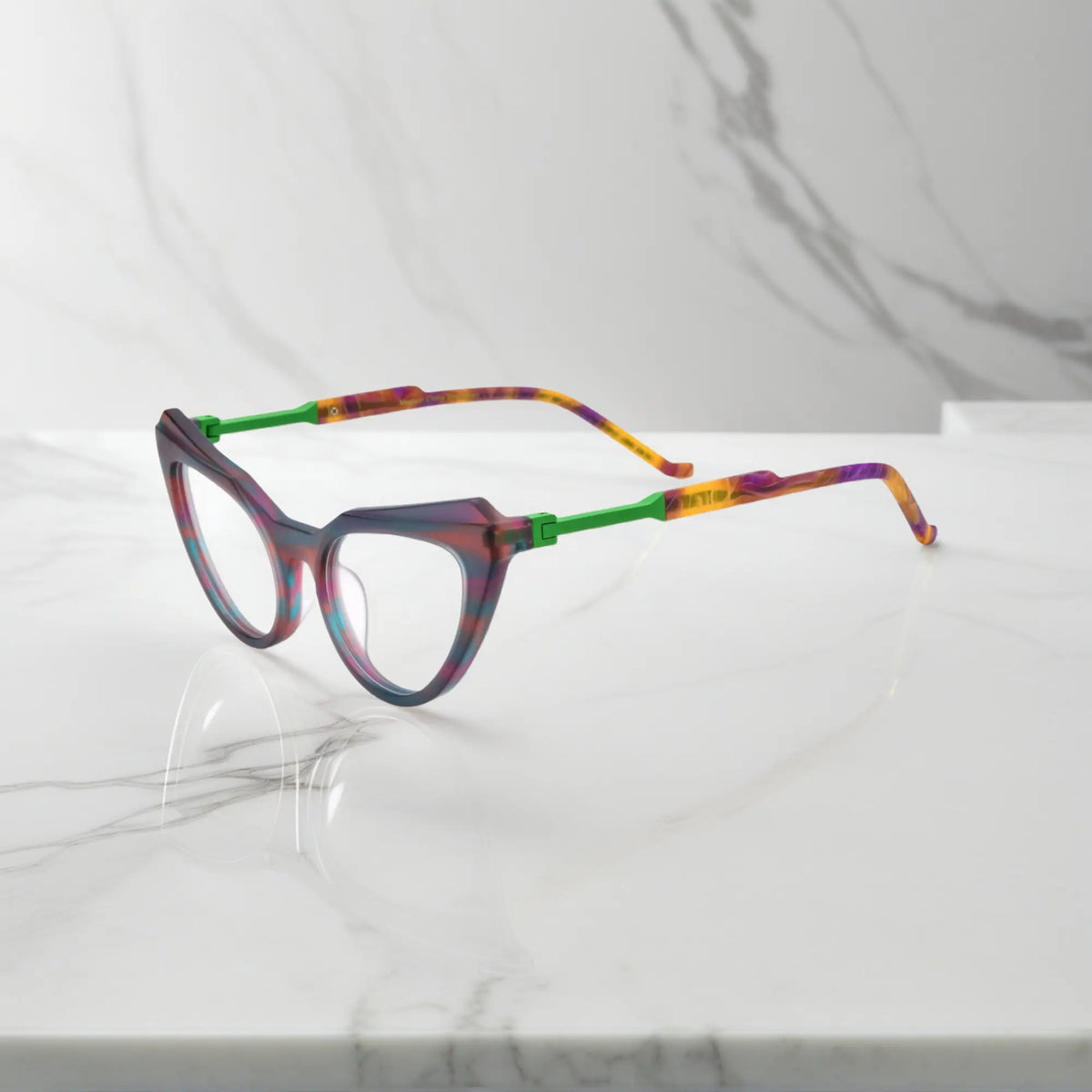 Side angle showcasing the vibrant color transition of Aurora Fade VoyueLens butterfly eyeglasses and elegant arm curvature.