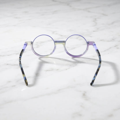 Back angle showing the high-transparency purple hue and layered frame design of Aurora Fade eyeglasses.