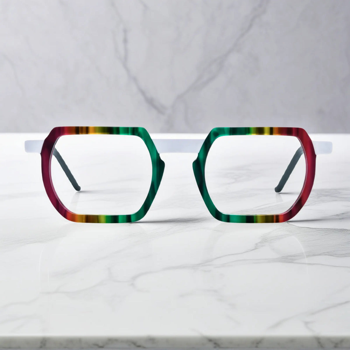 Front view of VoyueLens Aurora Fade eyeglasses with stunning multicolor fade and futuristic geometric lines
