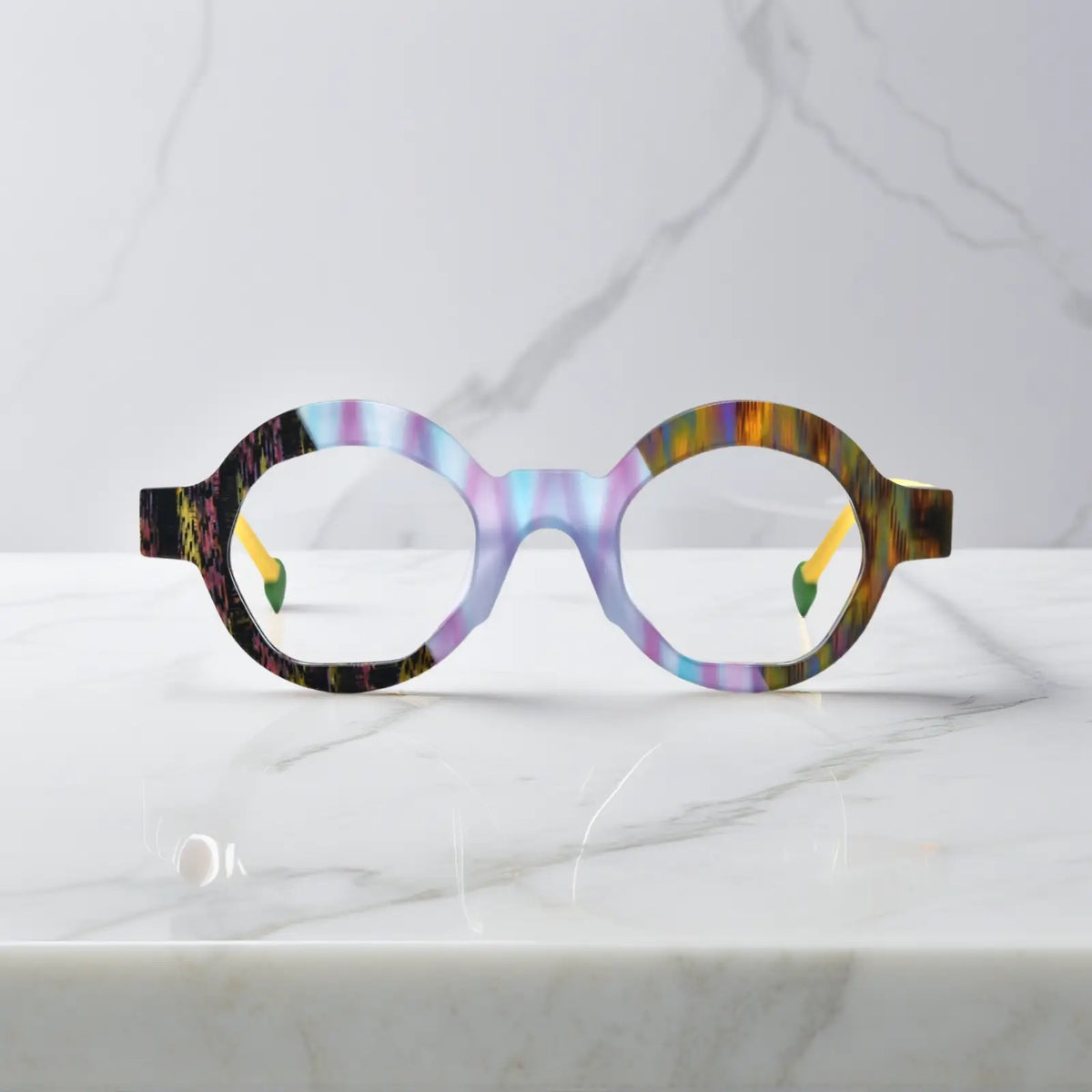 Front perspective of Aurora Fade VoyueLens VL19355 eyeglasses featuring multi-color matte gradient and polygon silhouette