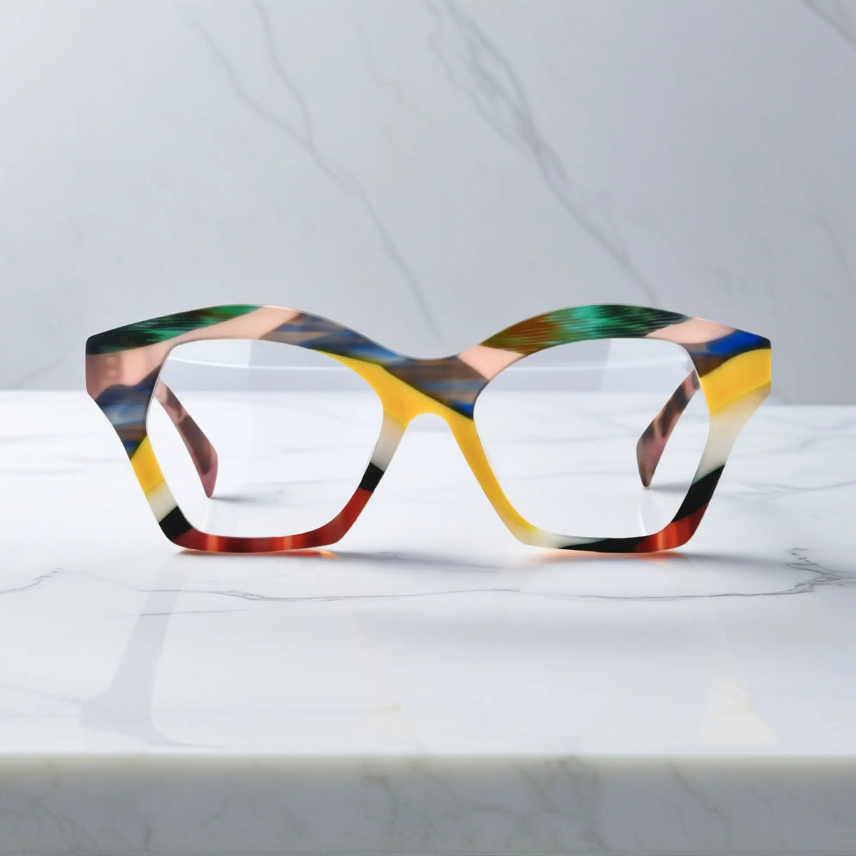Front shot of VoyueLens Aurora Mosaic eyeglasses featuring colorful abstract blocks on a soft matte frame.