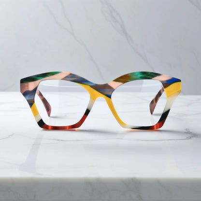 Front shot of VoyueLens Aurora Mosaic eyeglasses featuring colorful abstract blocks on a soft matte frame.