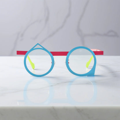Front angle of VoyueLens VL185801 Berry Sky eyeglasses in titanium, with a striking blue-pink geometric frame.
