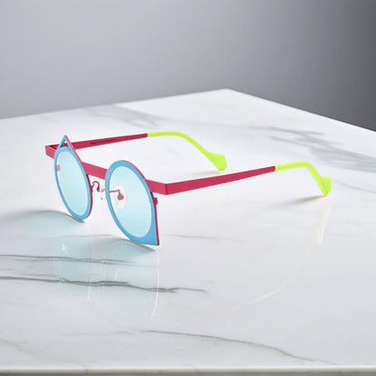 Side view of VoyueLens Berry Sky artistic titanium eyeglasses showing color-block design and retro curves.