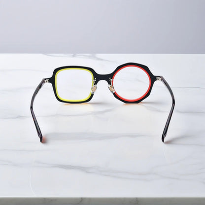 VoyueLens geometric eyeglasses in Black Amber color, rear view highlighting acetate structure and temple tips.
