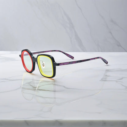 VoyueLens geometric eyeglasses in Black Amber color, side view showing dual-tone design and spring hinges.